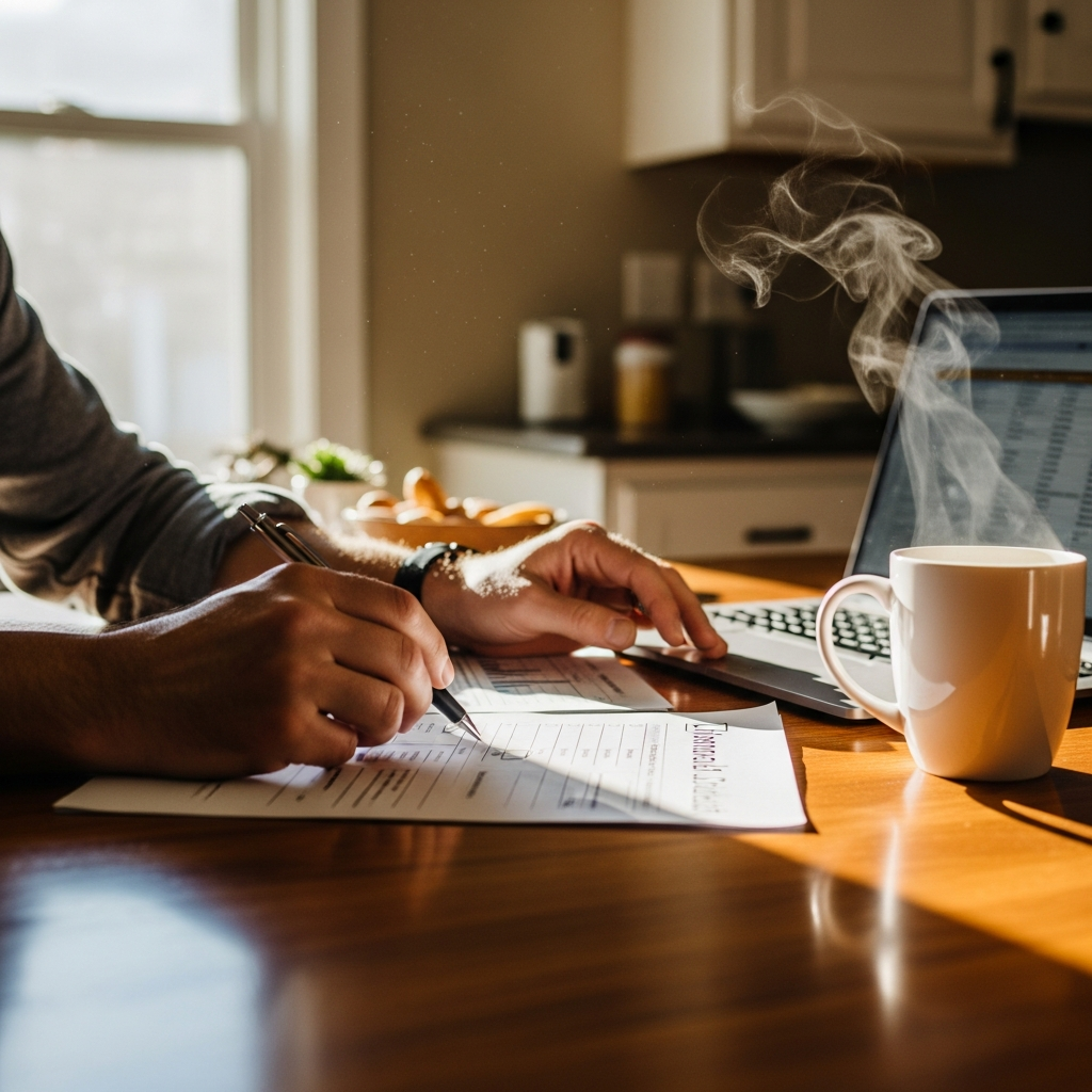 Financial planning checklist for Boeing layoff severance and 401k decisions on a kitchen table