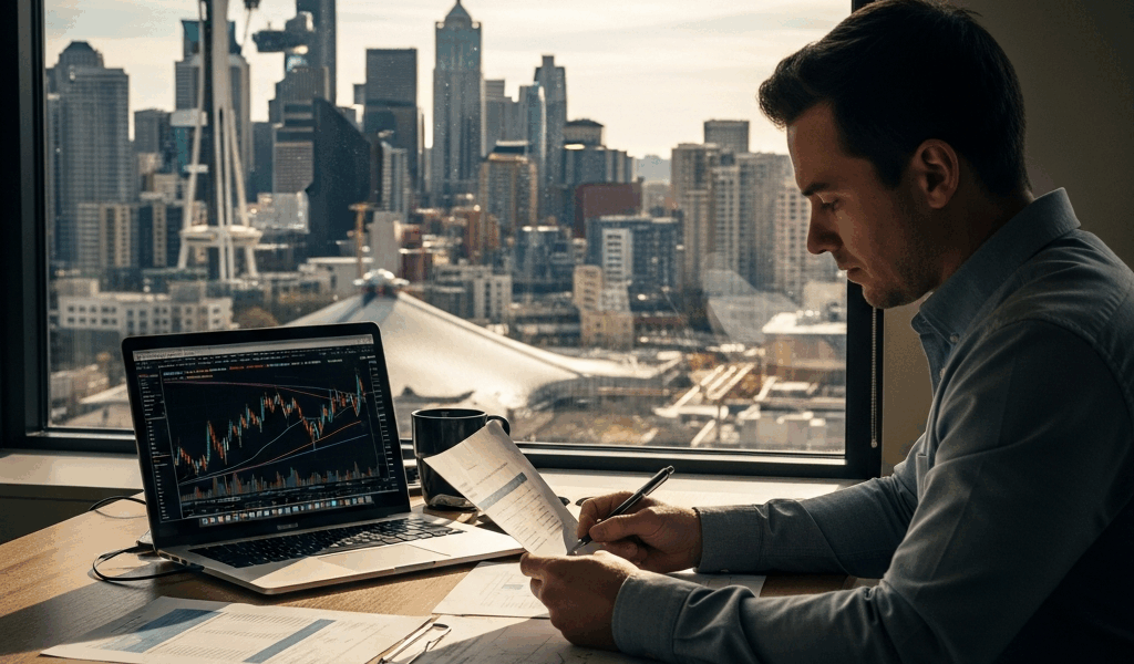 seattle tech worker reviewing financial documents at a moder 20260331 125956