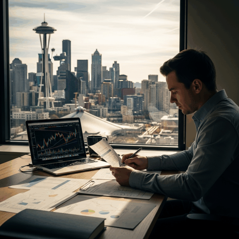 seattle tech worker reviewing financial documents at a moder 20260331 125956