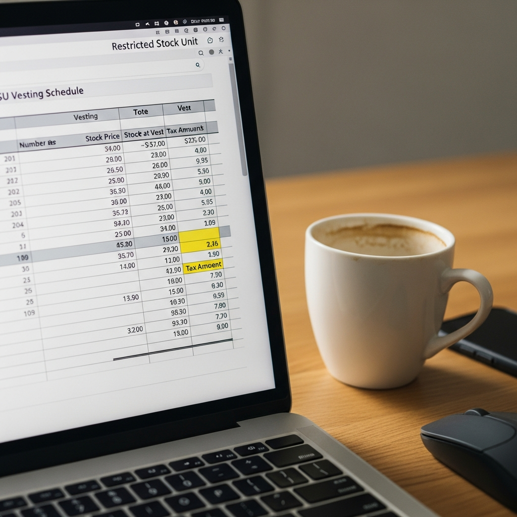 RSU vesting schedule spreadsheet showing capital gains tax calculations for Seattle tech workers