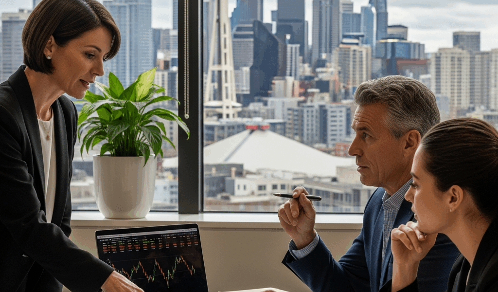 Seattle skyline with financial planning concept, professional office