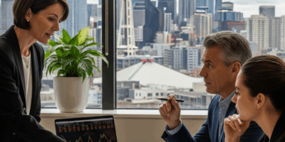 Seattle skyline with financial planning concept, professional office